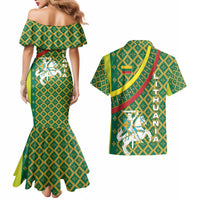 Lithuania Knight Pattern Couples Matching Mermaid Dress and Hawaiian Shirt with Traditional Green Yellow Red Design and Vytis Emblem - Wonder Print Shop