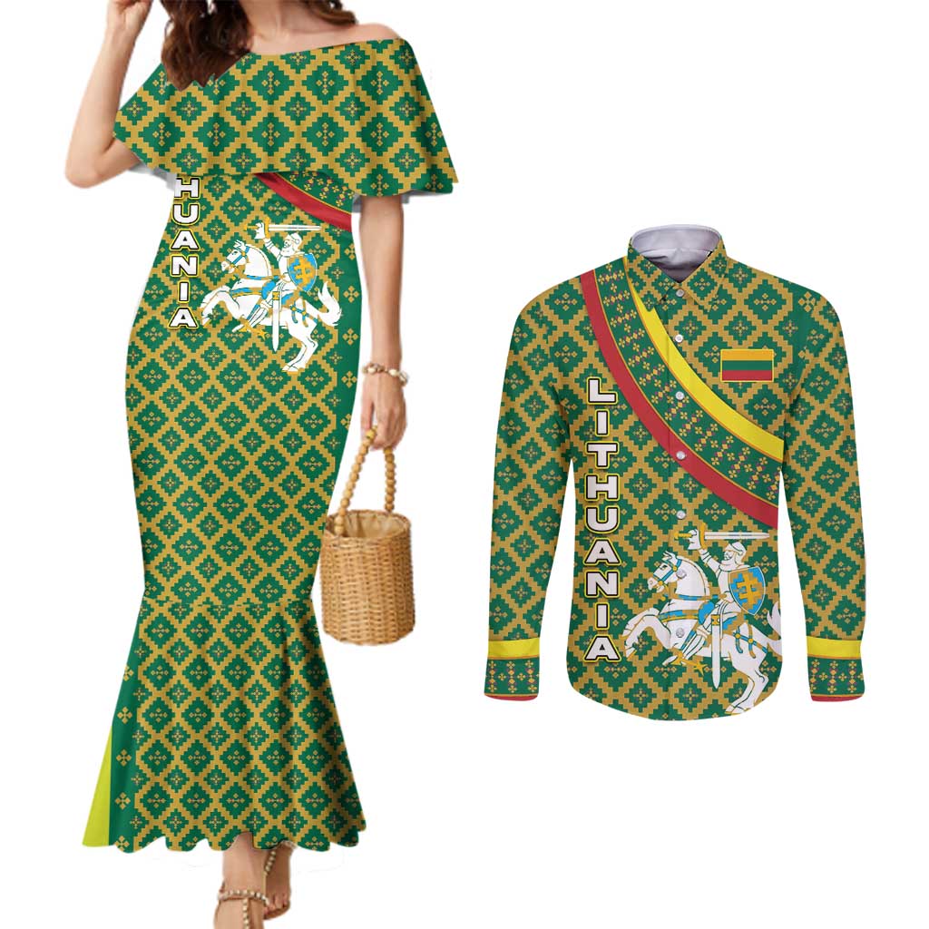 Lithuania Knight Pattern Couples Matching Mermaid Dress and Long Sleeve Button Shirt with Traditional Green Yellow Red Design and Vytis Emblem - Wonder Print Shop
