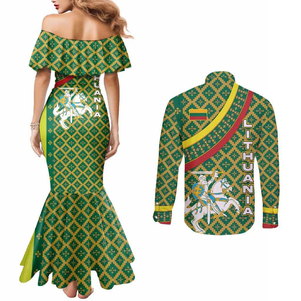 Lithuania Knight Pattern Couples Matching Mermaid Dress and Long Sleeve Button Shirt with Traditional Green Yellow Red Design and Vytis Emblem - Wonder Print Shop