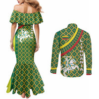 Lithuania Knight Pattern Couples Matching Mermaid Dress and Long Sleeve Button Shirt with Traditional Green Yellow Red Design and Vytis Emblem - Wonder Print Shop