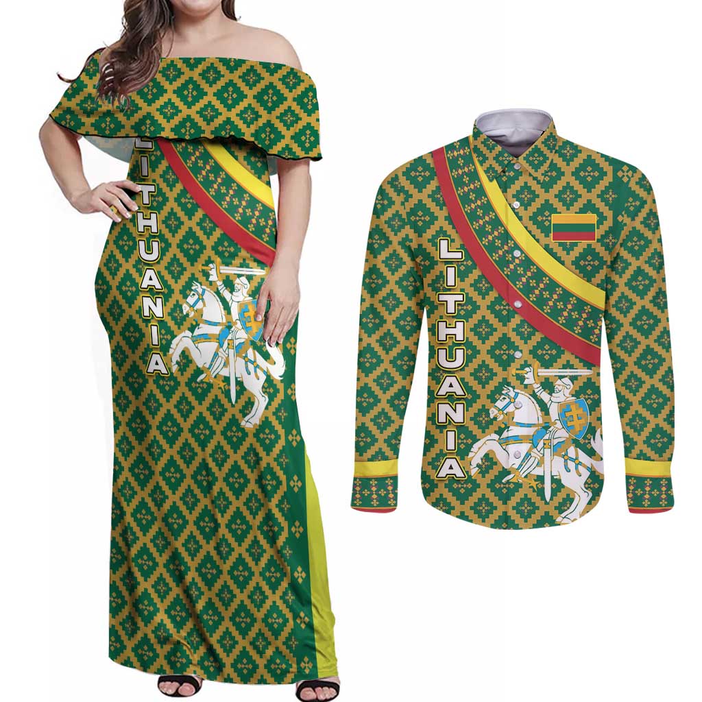Lithuania Knight Pattern Couples Matching Off Shoulder Maxi Dress and Long Sleeve Button Shirt with Traditional Green Yellow Red Design and Vytis Emblem - Wonder Print Shop