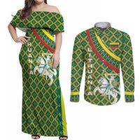 Lithuania Knight Pattern Couples Matching Off Shoulder Maxi Dress and Long Sleeve Button Shirt with Traditional Green Yellow Red Design and Vytis Emblem - Wonder Print Shop
