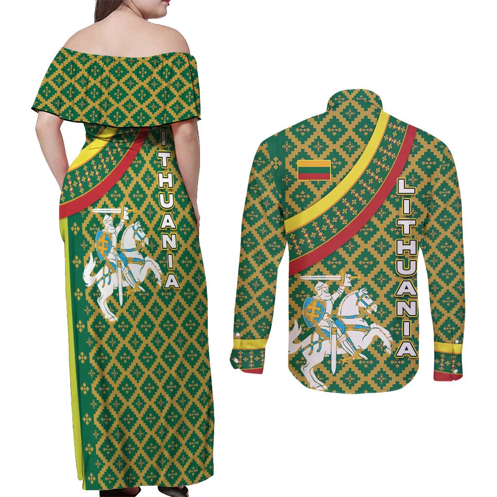 Lithuania Knight Pattern Couples Matching Off Shoulder Maxi Dress and Long Sleeve Button Shirt with Traditional Green Yellow Red Design and Vytis Emblem - Wonder Print Shop