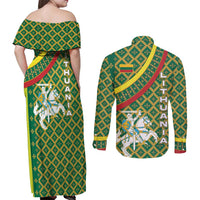 Lithuania Knight Pattern Couples Matching Off Shoulder Maxi Dress and Long Sleeve Button Shirt with Traditional Green Yellow Red Design and Vytis Emblem - Wonder Print Shop