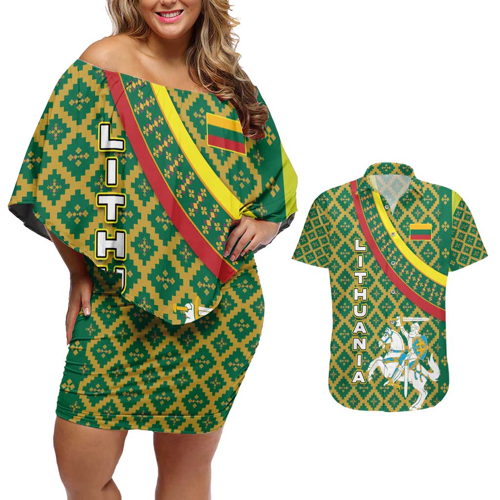 Lithuania Knight Pattern Couples Matching Off Shoulder Short Dress and Hawaiian Shirt with Traditional Green Yellow Red Design and Vytis Emblem - Wonder Print Shop