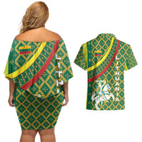 Lithuania Knight Pattern Couples Matching Off Shoulder Short Dress and Hawaiian Shirt with Traditional Green Yellow Red Design and Vytis Emblem - Wonder Print Shop