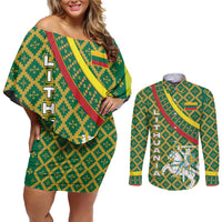 Lithuania Knight Pattern Couples Matching Off Shoulder Short Dress and Long Sleeve Button Shirt with Traditional Green Yellow Red Design and Vytis Emblem - Wonder Print Shop