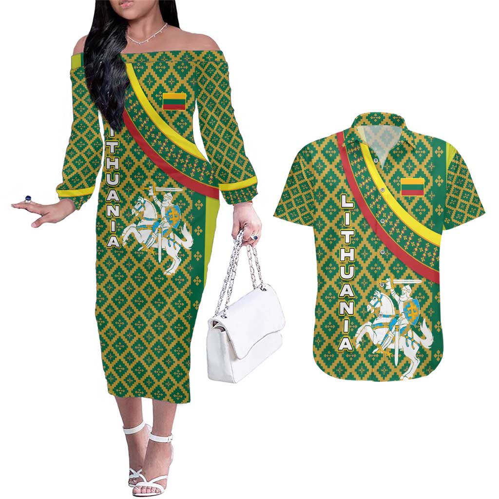 Lithuania Knight Pattern Couples Matching Off The Shoulder Long Sleeve Dress and Hawaiian Shirt with Traditional Green Yellow Red Design and Vytis Emblem - Wonder Print Shop