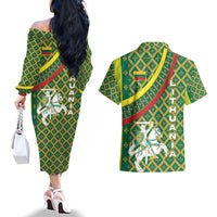 Lithuania Knight Pattern Couples Matching Off The Shoulder Long Sleeve Dress and Hawaiian Shirt with Traditional Green Yellow Red Design and Vytis Emblem - Wonder Print Shop