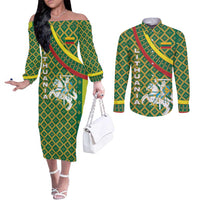 Lithuania Knight Pattern Couples Matching Off The Shoulder Long Sleeve Dress and Long Sleeve Button Shirt with Traditional Green Yellow Red Design and Vytis Emblem - Wonder Print Shop