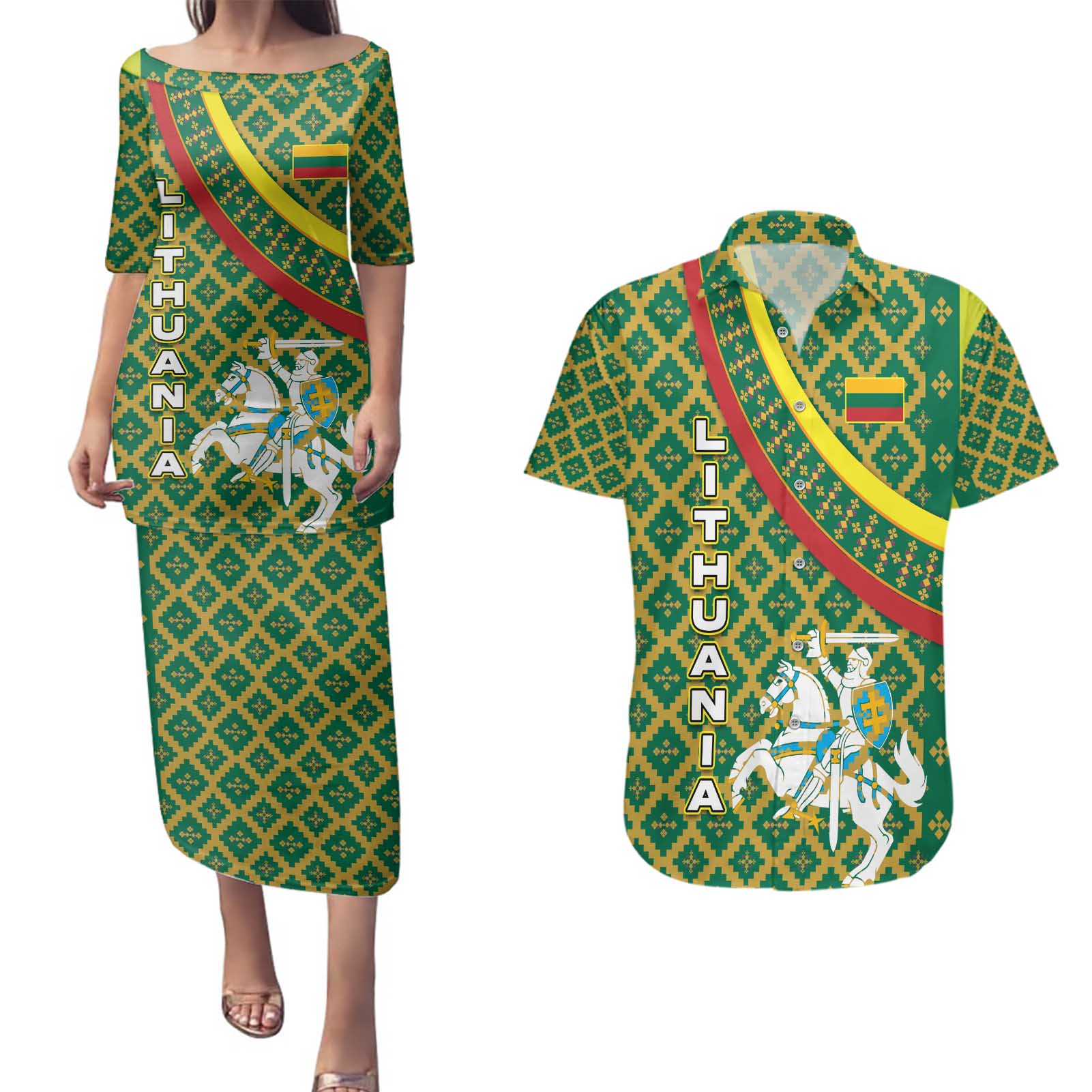 Lithuania Knight Pattern Couples Matching Puletasi and Hawaiian Shirt with Traditional Green Yellow Red Design and Vytis Emblem - Wonder Print Shop