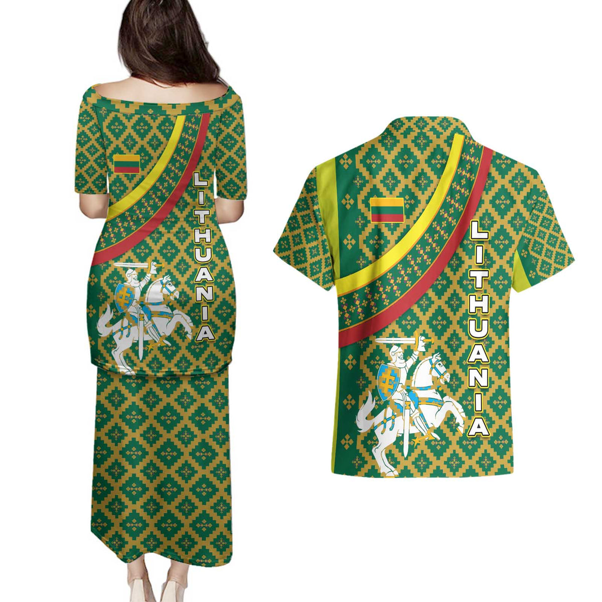 Lithuania Knight Pattern Couples Matching Puletasi and Hawaiian Shirt with Traditional Green Yellow Red Design and Vytis Emblem - Wonder Print Shop