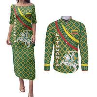 Lithuania Knight Pattern Couples Matching Puletasi and Long Sleeve Button Shirt with Traditional Green Yellow Red Design and Vytis Emblem - Wonder Print Shop