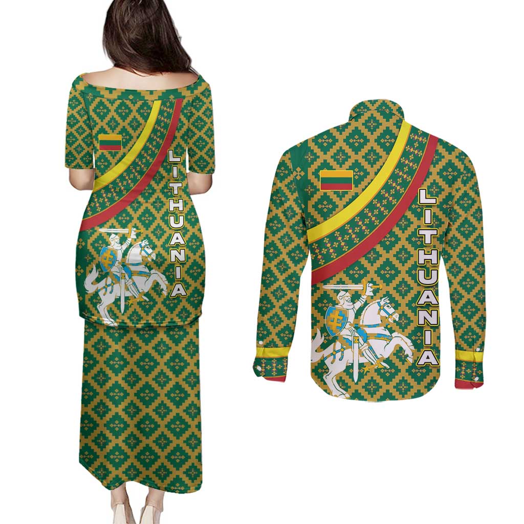 Lithuania Knight Pattern Couples Matching Puletasi and Long Sleeve Button Shirt with Traditional Green Yellow Red Design and Vytis Emblem - Wonder Print Shop