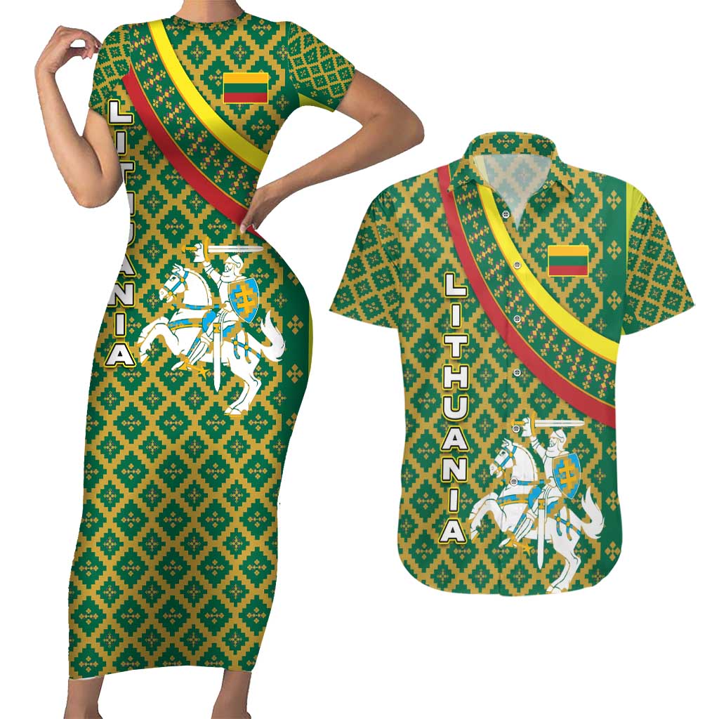 Lithuania Knight Pattern Couples Matching Short Sleeve Bodycon Dress and Hawaiian Shirt with Traditional Green Yellow Red Design and Vytis Emblem - Wonder Print Shop