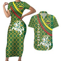 Lithuania Knight Pattern Couples Matching Short Sleeve Bodycon Dress and Hawaiian Shirt with Traditional Green Yellow Red Design and Vytis Emblem - Wonder Print Shop