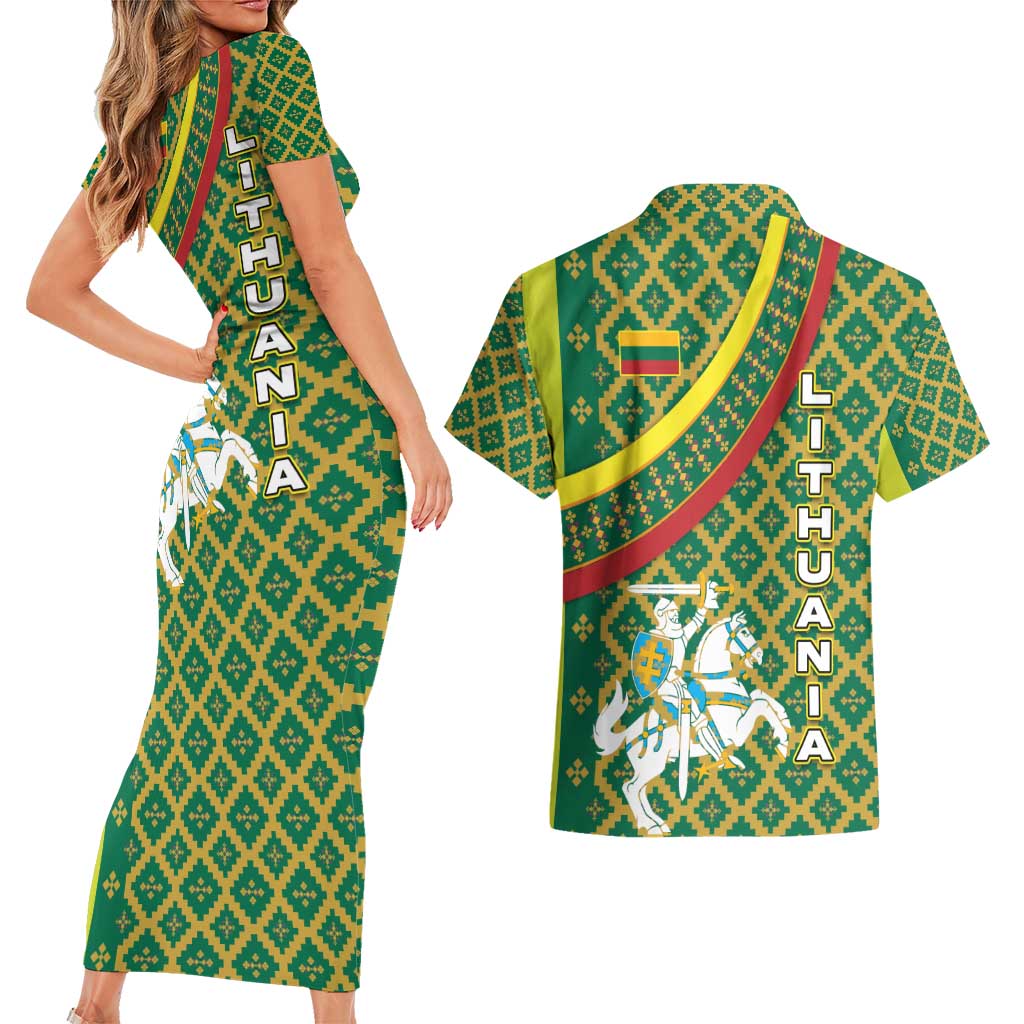 Lithuania Knight Pattern Couples Matching Short Sleeve Bodycon Dress and Hawaiian Shirt with Traditional Green Yellow Red Design and Vytis Emblem - Wonder Print Shop