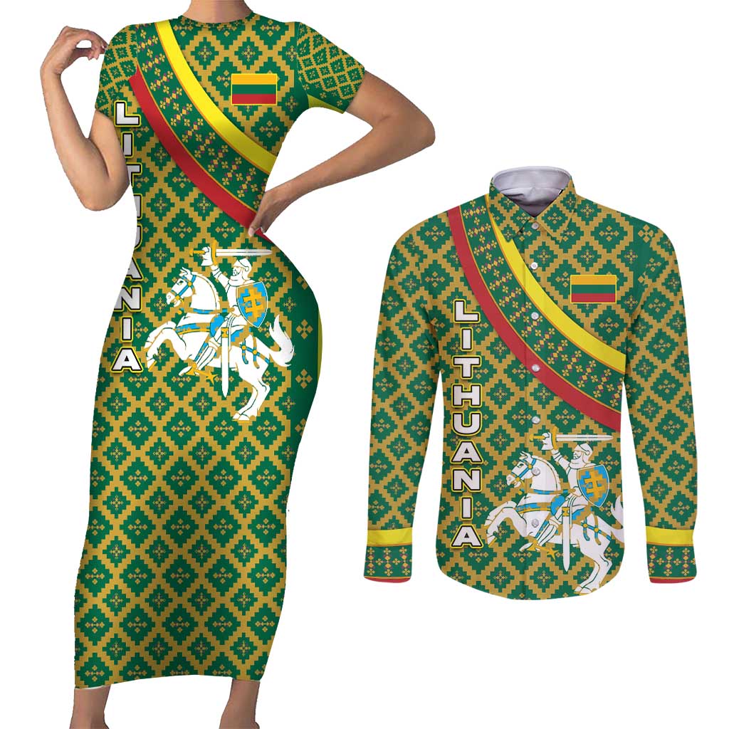 Lithuania Knight Pattern Couples Matching Short Sleeve Bodycon Dress and Long Sleeve Button Shirt with Traditional Green Yellow Red Design and Vytis Emblem - Wonder Print Shop