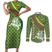 Lithuania Knight Pattern Couples Matching Short Sleeve Bodycon Dress and Long Sleeve Button Shirt with Traditional Green Yellow Red Design and Vytis Emblem - Wonder Print Shop