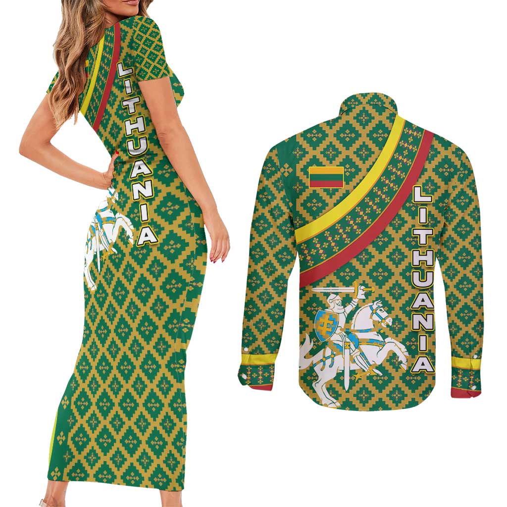 Lithuania Knight Pattern Couples Matching Short Sleeve Bodycon Dress and Long Sleeve Button Shirt with Traditional Green Yellow Red Design and Vytis Emblem - Wonder Print Shop