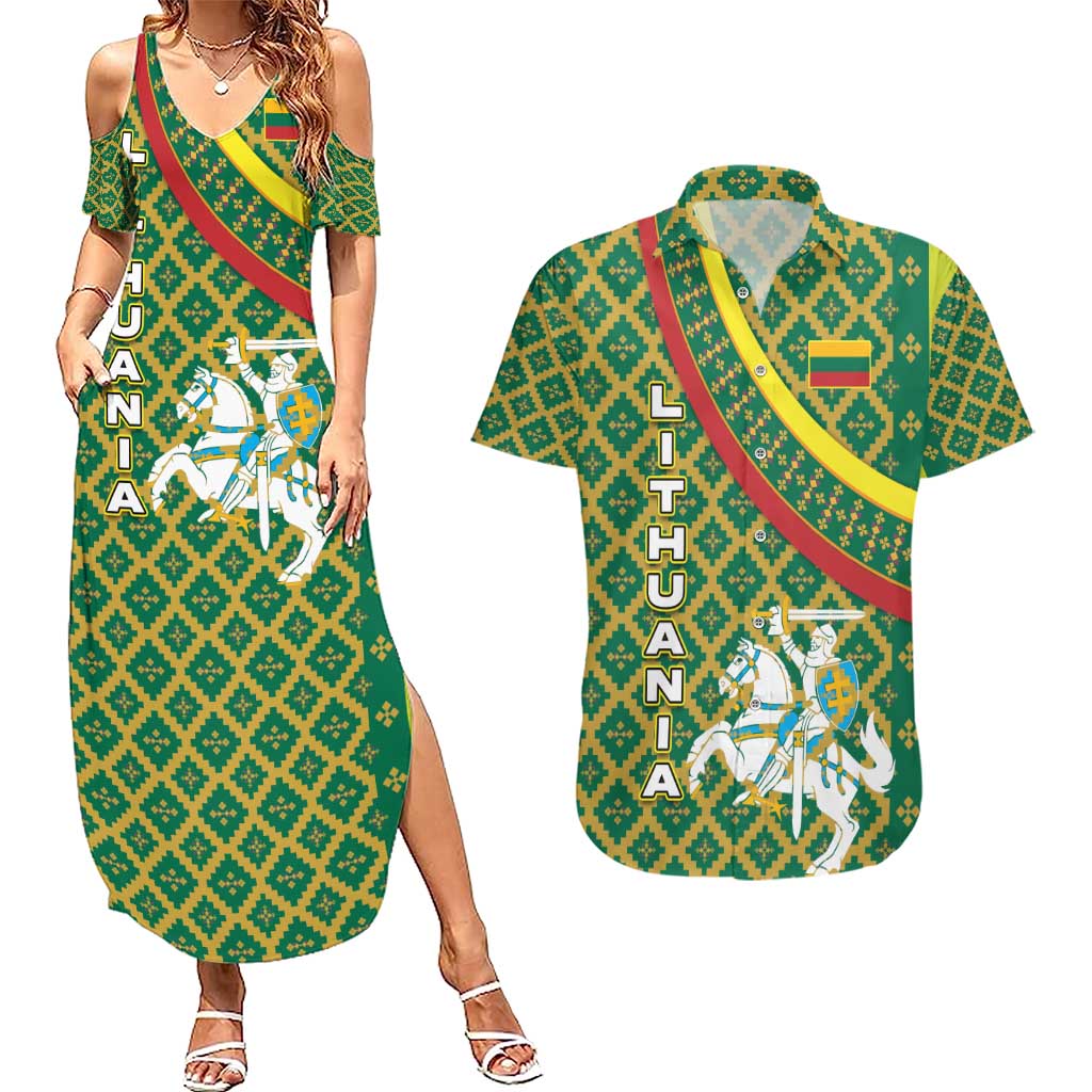 Lithuania Knight Pattern Couples Matching Summer Maxi Dress and Hawaiian Shirt with Traditional Green Yellow Red Design and Vytis Emblem - Wonder Print Shop