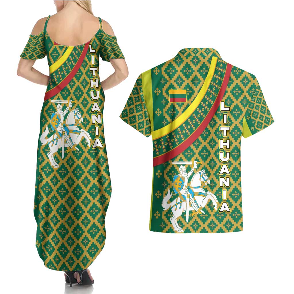 Lithuania Knight Pattern Couples Matching Summer Maxi Dress and Hawaiian Shirt with Traditional Green Yellow Red Design and Vytis Emblem - Wonder Print Shop
