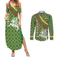 Lithuania Knight Pattern Couples Matching Summer Maxi Dress and Long Sleeve Button Shirt with Traditional Green Yellow Red Design and Vytis Emblem - Wonder Print Shop