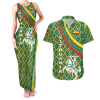 Lithuania Knight Pattern Couples Matching Tank Maxi Dress and Hawaiian Shirt with Traditional Green Yellow Red Design and Vytis Emblem - Wonder Print Shop