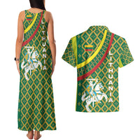 Lithuania Knight Pattern Couples Matching Tank Maxi Dress and Hawaiian Shirt with Traditional Green Yellow Red Design and Vytis Emblem - Wonder Print Shop