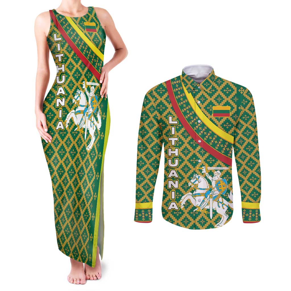 Lithuania Knight Pattern Couples Matching Tank Maxi Dress and Long Sleeve Button Shirt with Traditional Green Yellow Red Design and Vytis Emblem - Wonder Print Shop