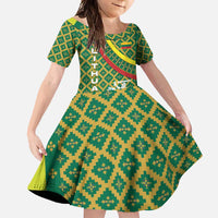 Lithuania Knight Pattern Family Matching Long Sleeve Bodycon Dress and Hawaiian Shirt with Traditional Green Yellow Red Design and Vytis Emblem - Wonder Print Shop