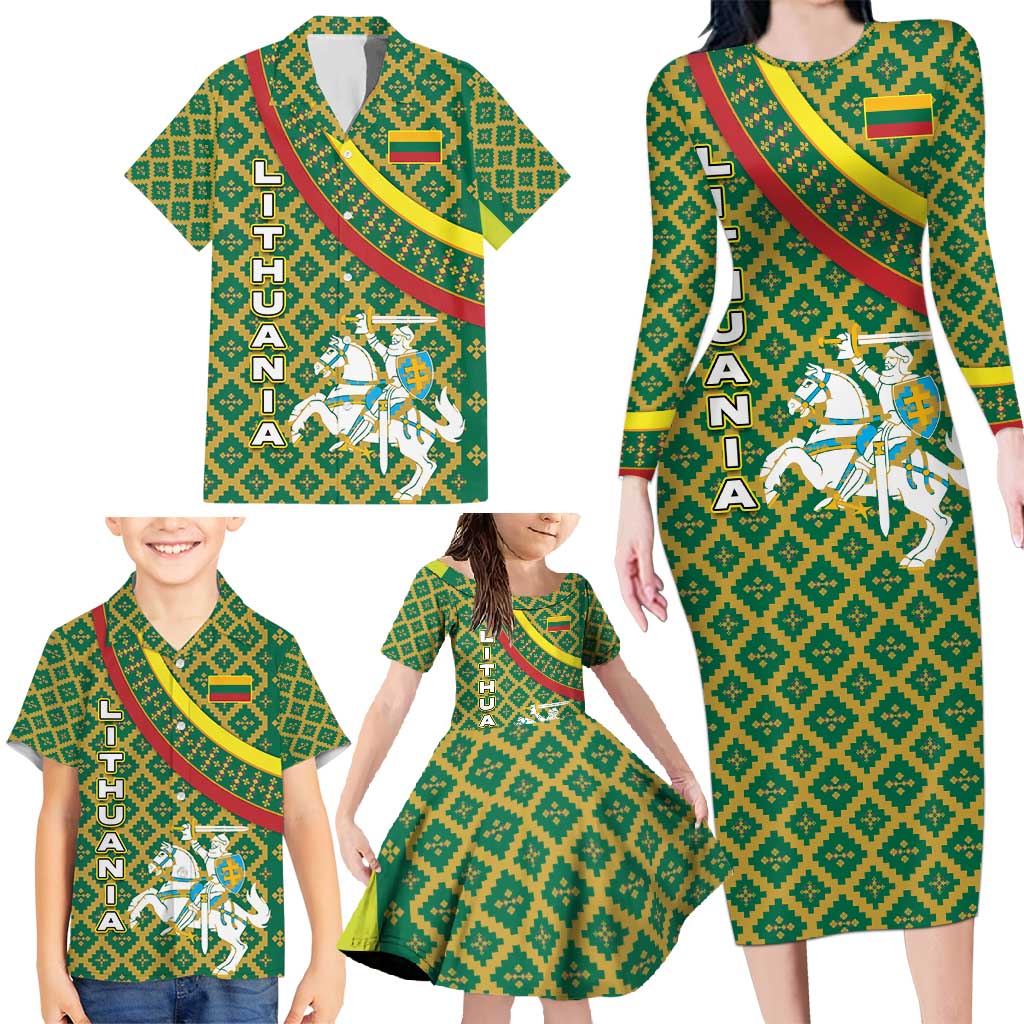 Lithuania Knight Pattern Family Matching Long Sleeve Bodycon Dress and Hawaiian Shirt with Traditional Green Yellow Red Design and Vytis Emblem - Wonder Print Shop