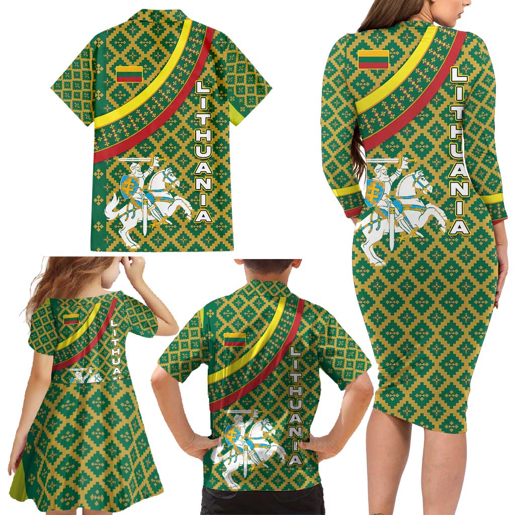 Lithuania Knight Pattern Family Matching Long Sleeve Bodycon Dress and Hawaiian Shirt with Traditional Green Yellow Red Design and Vytis Emblem - Wonder Print Shop