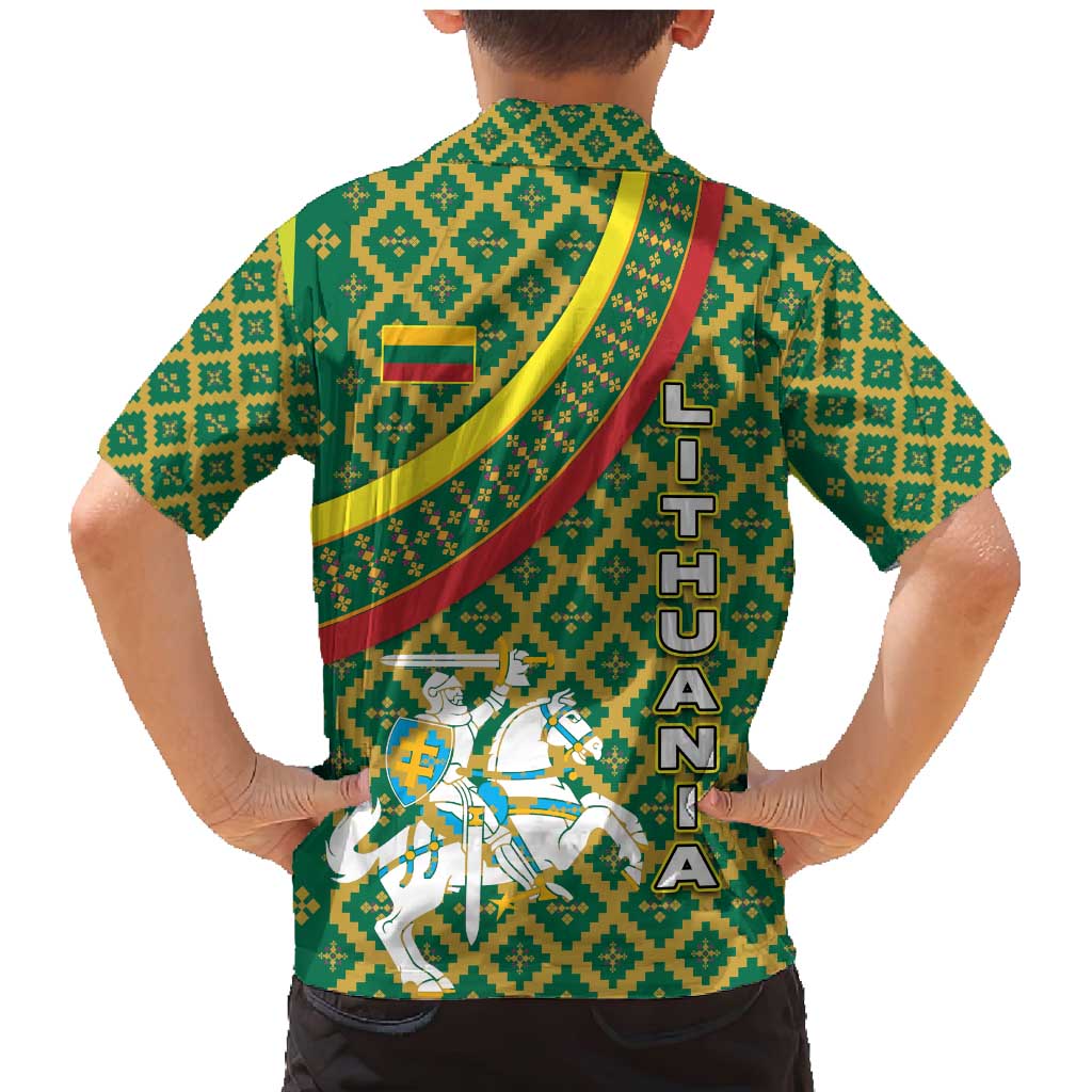 Lithuania Knight Pattern Family Matching Mermaid Dress and Hawaiian Shirt with Traditional Green Yellow Red Design and Vytis Emblem - Wonder Print Shop
