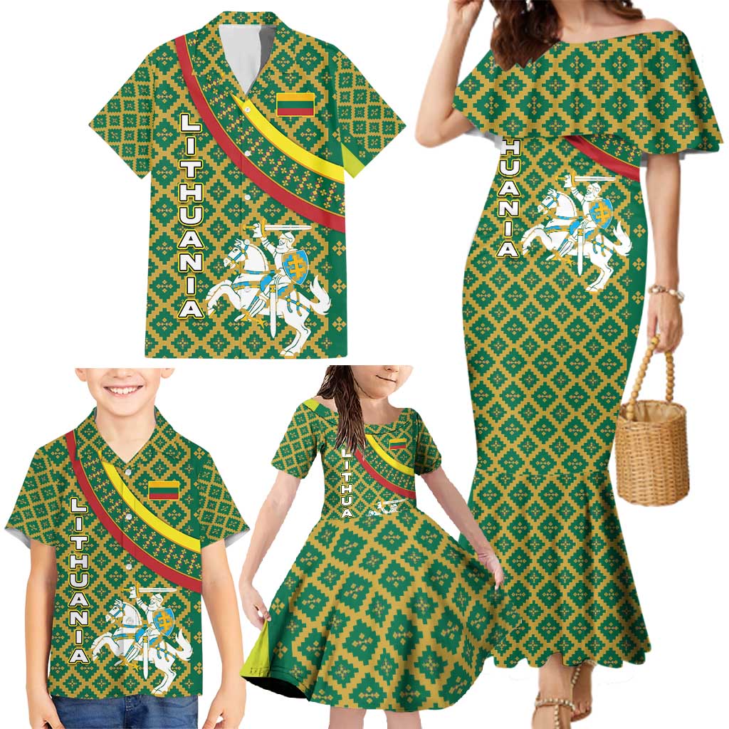 Lithuania Knight Pattern Family Matching Mermaid Dress and Hawaiian Shirt with Traditional Green Yellow Red Design and Vytis Emblem - Wonder Print Shop