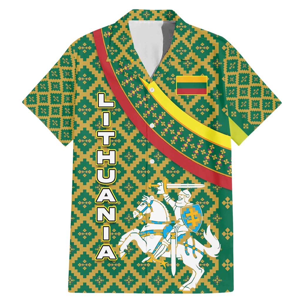 Lithuania Knight Pattern Family Matching Mermaid Dress and Hawaiian Shirt with Traditional Green Yellow Red Design and Vytis Emblem - Wonder Print Shop