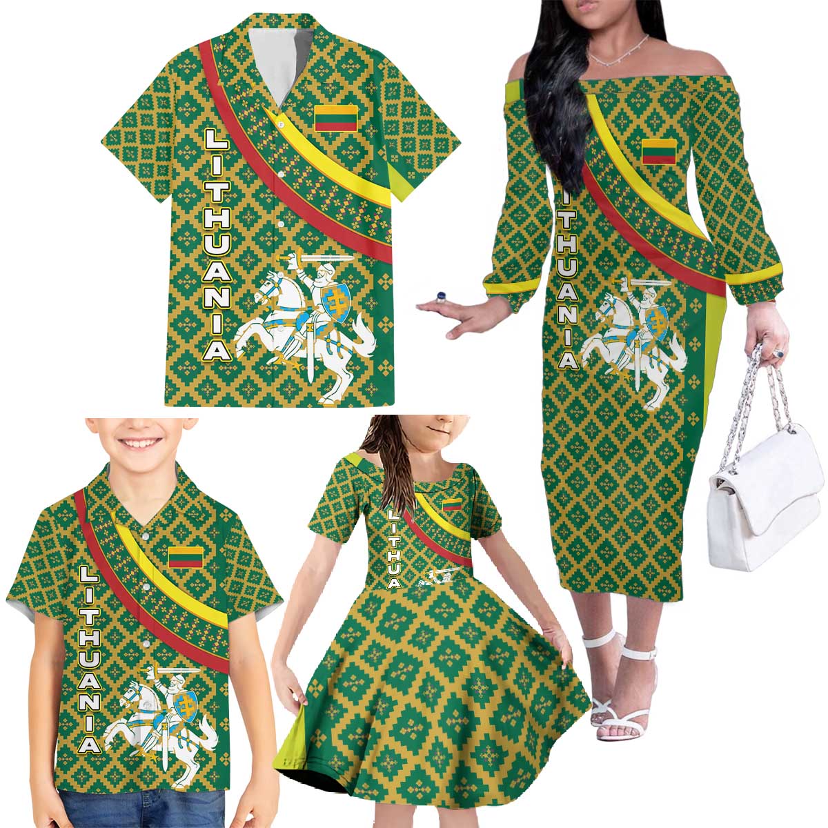 Lithuania Knight Pattern Family Matching Off The Shoulder Long Sleeve Dress and Hawaiian Shirt with Traditional Green Yellow Red Design and Vytis Emblem - Wonder Print Shop