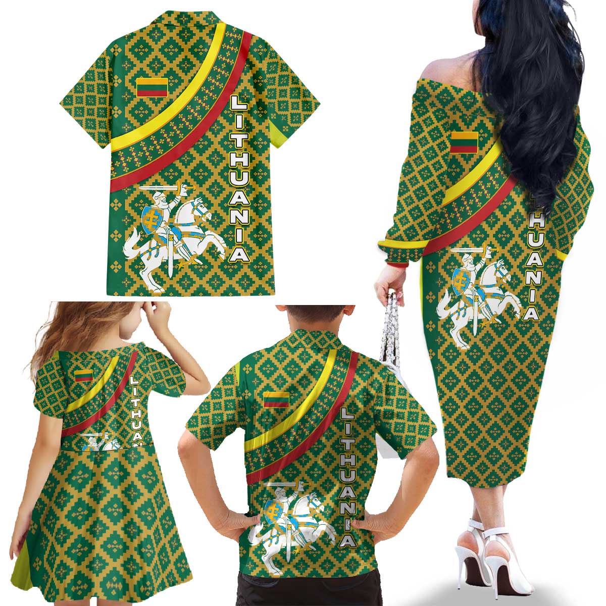 Lithuania Knight Pattern Family Matching Off The Shoulder Long Sleeve Dress and Hawaiian Shirt with Traditional Green Yellow Red Design and Vytis Emblem - Wonder Print Shop