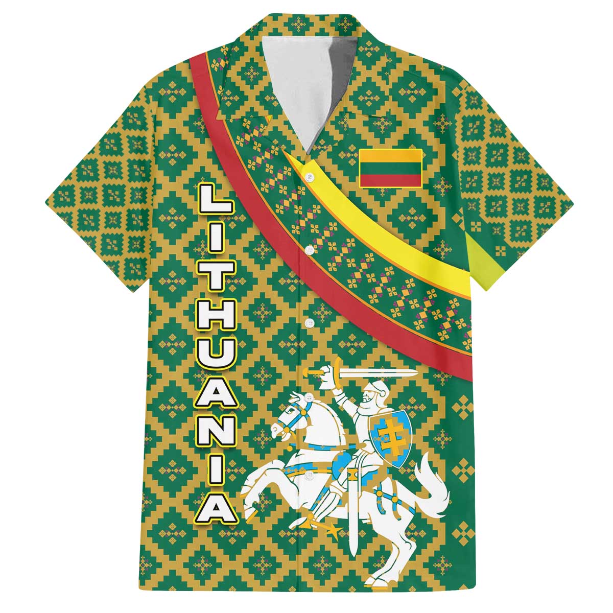 Lithuania Knight Pattern Family Matching Off The Shoulder Long Sleeve Dress and Hawaiian Shirt with Traditional Green Yellow Red Design and Vytis Emblem - Wonder Print Shop