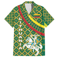Lithuania Knight Pattern Family Matching Off The Shoulder Long Sleeve Dress and Hawaiian Shirt with Traditional Green Yellow Red Design and Vytis Emblem - Wonder Print Shop
