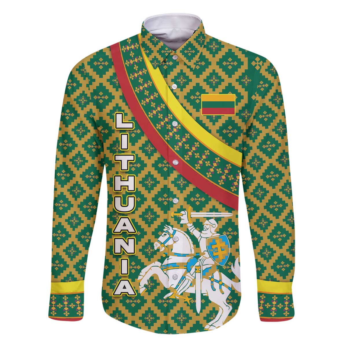 Lithuania Knight Pattern Family Matching Off The Shoulder Long Sleeve Dress and Hawaiian Shirt with Traditional Green Yellow Red Design and Vytis Emblem - Wonder Print Shop