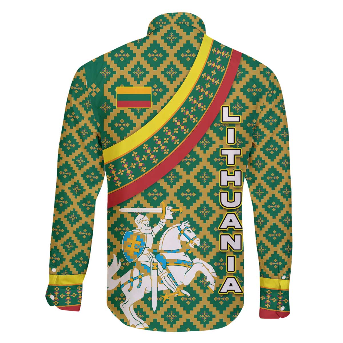 Lithuania Knight Pattern Family Matching Off The Shoulder Long Sleeve Dress and Hawaiian Shirt with Traditional Green Yellow Red Design and Vytis Emblem - Wonder Print Shop