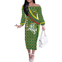 Lithuania Knight Pattern Family Matching Off The Shoulder Long Sleeve Dress and Hawaiian Shirt with Traditional Green Yellow Red Design and Vytis Emblem - Wonder Print Shop