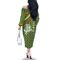 Lithuania Knight Pattern Family Matching Off The Shoulder Long Sleeve Dress and Hawaiian Shirt with Traditional Green Yellow Red Design and Vytis Emblem - Wonder Print Shop