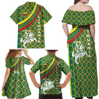Lithuania Knight Pattern Family Matching Off Shoulder Maxi Dress and Hawaiian Shirt with Traditional Green Yellow Red Design and Vytis Emblem - Wonder Print Shop