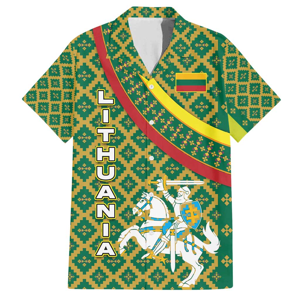 Lithuania Knight Pattern Family Matching Off Shoulder Maxi Dress and Hawaiian Shirt with Traditional Green Yellow Red Design and Vytis Emblem - Wonder Print Shop