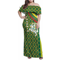 Lithuania Knight Pattern Family Matching Off Shoulder Maxi Dress and Hawaiian Shirt with Traditional Green Yellow Red Design and Vytis Emblem - Wonder Print Shop