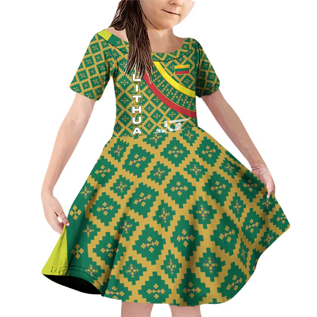 Lithuania Knight Pattern Family Matching Off Shoulder Short Dress and Hawaiian Shirt with Traditional Green Yellow Red Design and Vytis Emblem - Wonder Print Shop