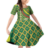 Lithuania Knight Pattern Family Matching Off Shoulder Short Dress and Hawaiian Shirt with Traditional Green Yellow Red Design and Vytis Emblem - Wonder Print Shop