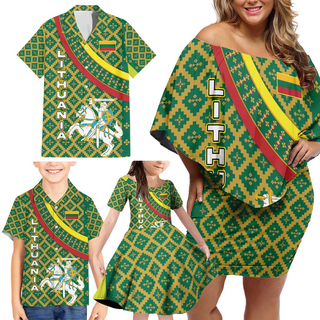 Lithuania Knight Pattern Family Matching Off Shoulder Short Dress and Hawaiian Shirt with Traditional Green Yellow Red Design and Vytis Emblem - Wonder Print Shop